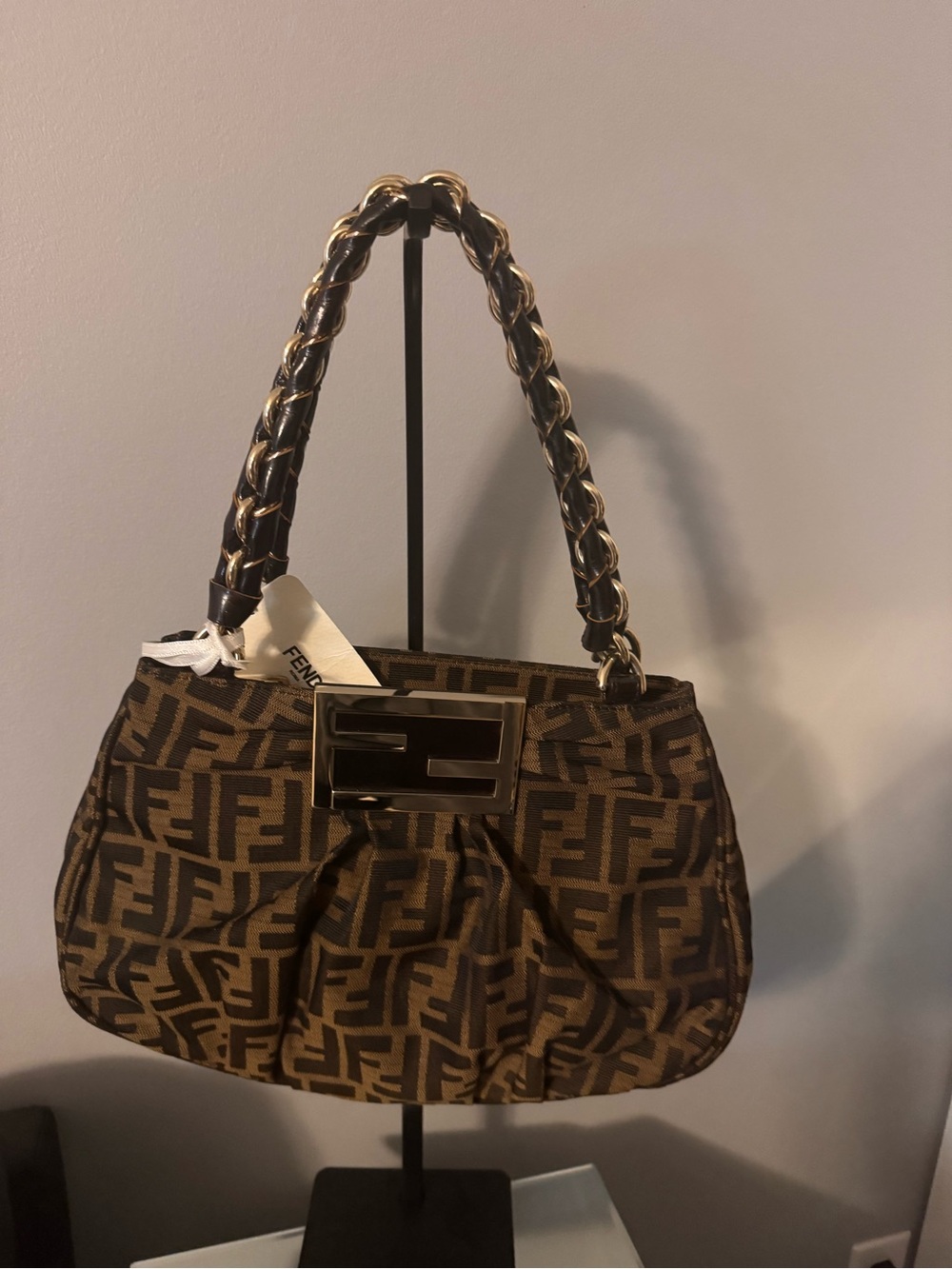 Fendi Brown and Black FF Logo Shoulder Bag with Gold Hardware come with COA